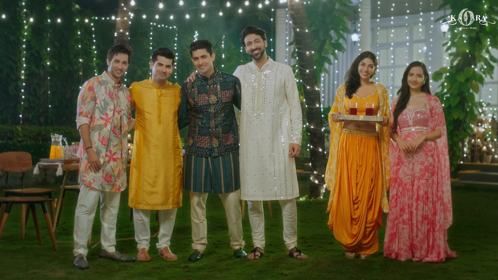Five friends in festive menswear under fairy lights, from Kora’s Diwali film
